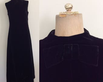 1960's Black Velvet Mod Maxi Dress w/ Bow Neckline & Lace Hem Floor Length Mod Dress Size Small by Maeberry Vintage