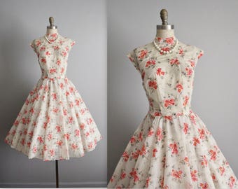 50's Floral Dress // Vintage 1950's Sheer Floral Print Full Garden Party Circle Dress M
