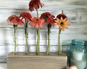 Test Tube Bud Vase, flower vase, centerpiece, gray wood, rustic farmhouse decor, long vase, wood and glass