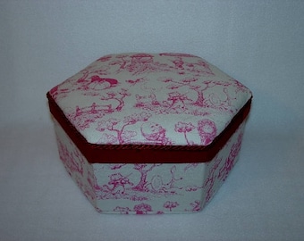 Trinket Box, Cloth Covered, Burgundy Toile Box