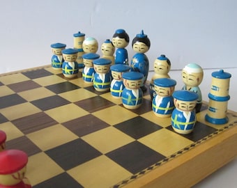Kokeshi Chess Set in Wooden Case - Inlaid Storage Wood Box Converts to Chessboard