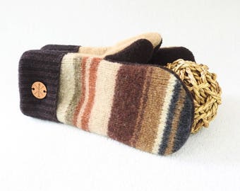 Felted Wool Mittens BROWN & GREY Striped Sweater Wool Mittens Fleece Lined Brown Mittens by WormeWoole