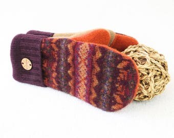 Fall Colors Mittens BURGUNDY & TANGERINE Orange Fair Isle Recycled Sweater Wool Mittens Fleece Lined by WormeWoole