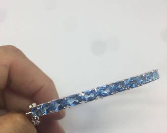 Handmade Genuine Blue Topaz Rhodium Finished 925 Sterling Silver Bangle Bracelet