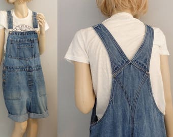 90s grunge denim Short overalls distressed cotton denim short overalls ( L)