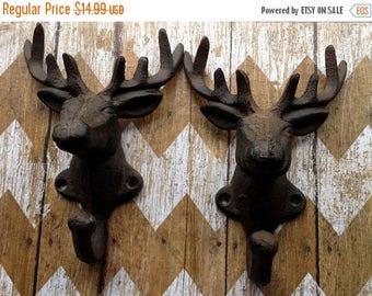 On Sale Set of 2 Cast Iron Deer Head Wall Hooks Stag Elk Coat Hooks Hangers Racks Hunting Lodge, Cabin , Man Cave, Decor, Gift for Hunters