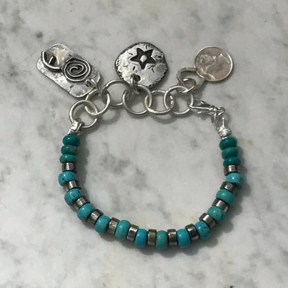 Turquoise Charm Bracelet - Artisan Jewelry - Raw Fine Silver - Urban Jewelry - Rustic Sundance Style