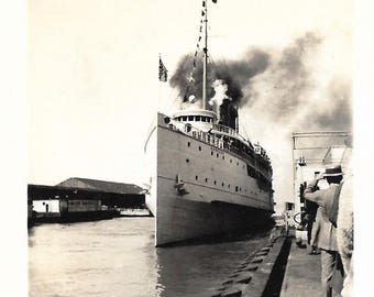Vintage Snapshot "Bon Voyage" Ocean Liner At Dock Back To Camera Man Wearing Straw Boater Hat Found Vernacular Photo