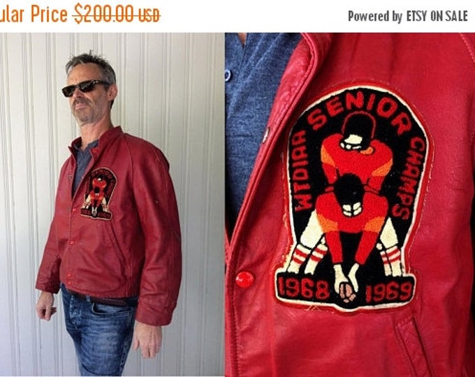 ON SALE 20% off RED Leather Champions 1960s leather Jacket Snap Varsity Letterman Team Athletic Crest Toronto Division Championship Leather