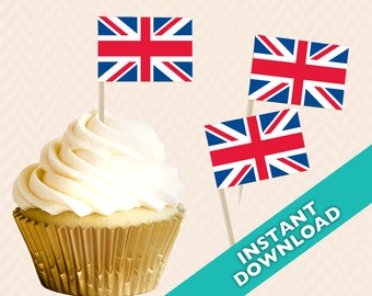 Union Jack British Toothpick Party Decoration - Food Flag, DIY printable food flag, cupcake topper, red white and blue