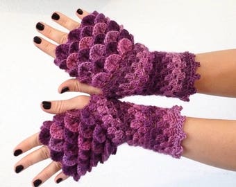 Dragon Gloves- Petunia Purple Fingerless scale multicolored, wrist hand arm warmers women crochet game of thrones khaleesi - MADE TO ORDER