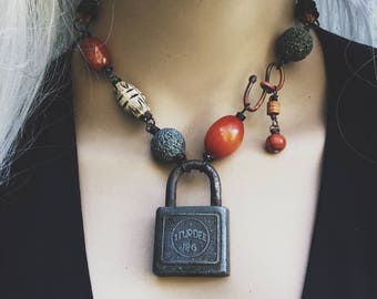 Lock necklace | vintage lock, tribal assemblage, tribal beads, African resin, rustic boho necklace, statement necklace