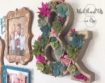 Succulent Vertical Garden, felt succulents, wood ampersand, large wall decor, home or wedding display, gift for her