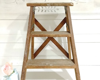 Vintage Wood Step Ladder Rustic Farmhouse Ladder