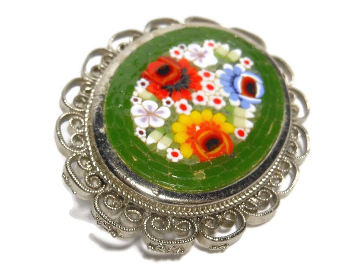 Small mosaic brooch pin, miniature glass mosaic floral, Murano glass, mid century, open scroll work oval frame, green red orange blue