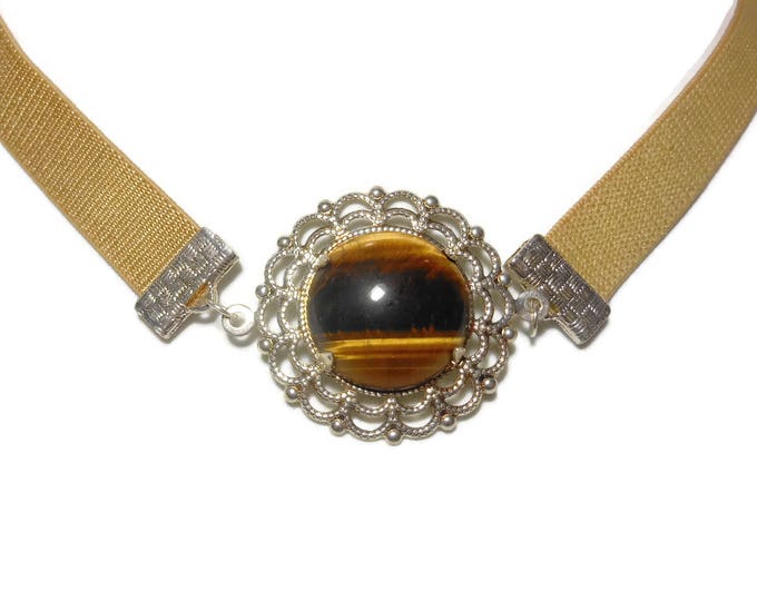 Tiger's eye choker necklace, handmade necklace, silver plated choker, elastic fabric ribbon, tiger's eye cabochon center