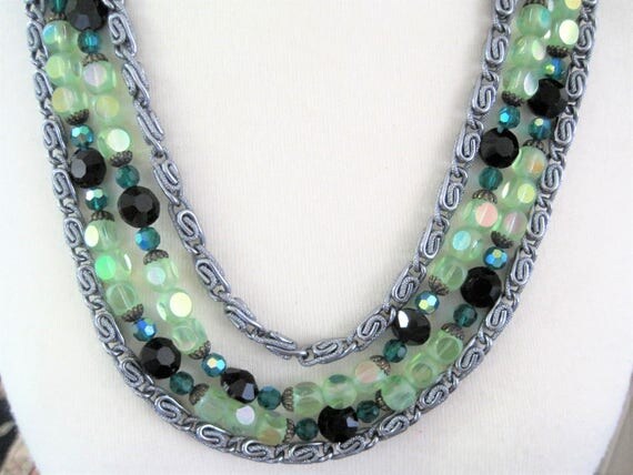 Green 4 Strand Necklace - Faceted Crystals - Two Tone Green - Silver Tone Metal - Paper Clip Style Chains