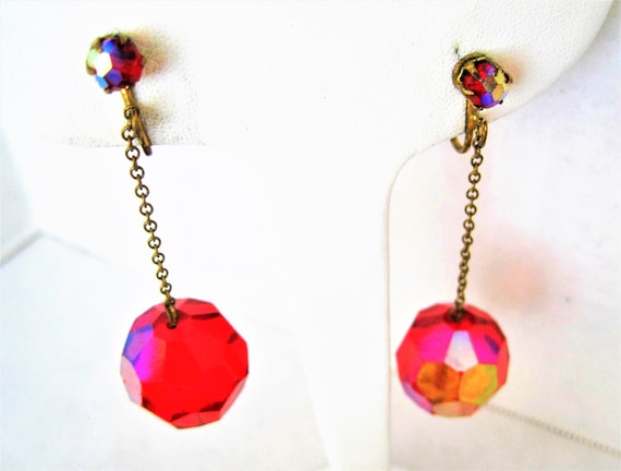 Red Glass Chandelier Earrings - Vintage Disco Ball - Red Prism Dangle Clip Ons