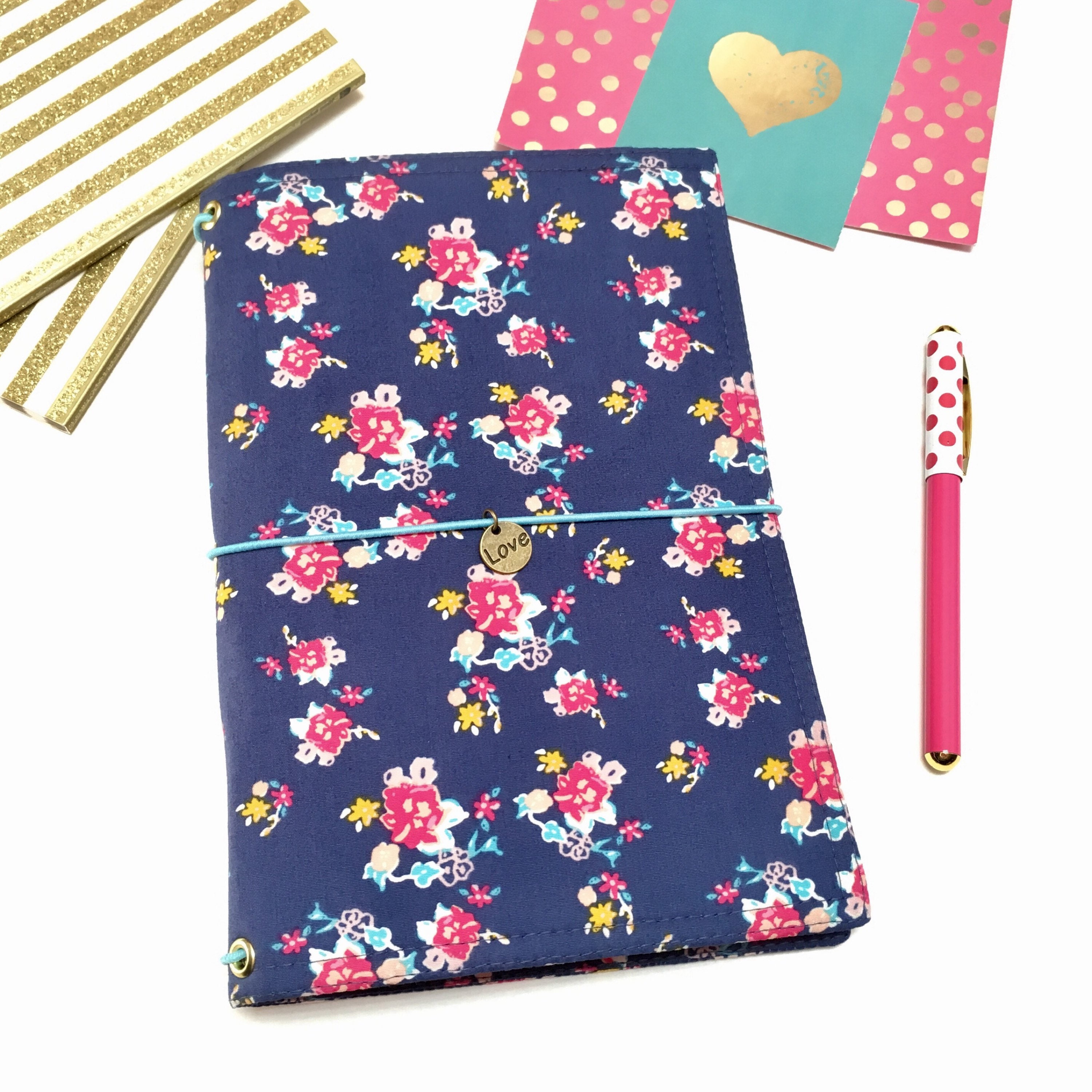 A6 Notebook Cover. Blue and Pink Fabric Fauxdori. Travelers