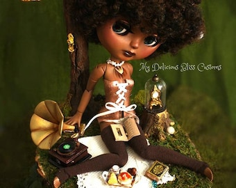 Nyckel, OOAK Custom Beautiful Brown Blythe Art Doll & Pedestal Forest Diorama