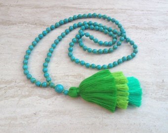 Layered Tassel Necklace Turquoise Bead Tassel Necklace Hand Knotted Beaded Tassel Necklace Tiered Tassels Long Tassel Stack Necklace