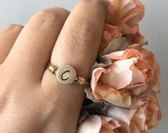 Brass Initial Ring - Custom Wire Wrapped Gold Ring - Great for Stacking! - Hand Stamped - Geometric // Minimalist - Bridesmaid Jewelry