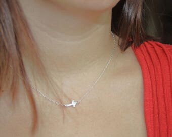 TINY SIDEWAYS CROSS - sterling silver petite sideways or offset cross necklace