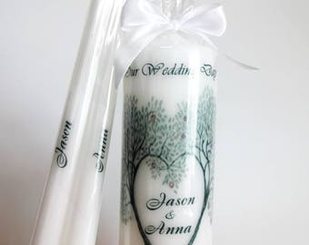 Personalized Wedding Unity candle set Ceremony candles Wedding gift Bride and Groom customized personalised candle set LOVE Tree design