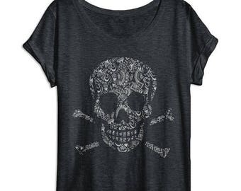 End of Summer SALE Womens Skull Shirt - Aztec Pattern - Oversized - Off Shoulder - Dolman - Vintage Clothing - Skull and Bones - Ladies