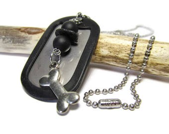 Dog Tagged, 30 Inch Necklace, Lake Michigan Stone, USA Stamped, Stainless Steel, Ball Chain, Black Stone, Black Rubber/Glass Beads, Dog Tag