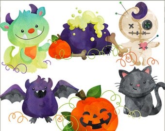 Watercolor Halloween Clipart -Personal and Limited Commercial Use- cute bat, monster, voodoo doll, pumpkin, cat, and cauldron Clip Art