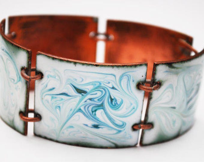 Copper Enamel Panel Bracelet - Blue green white marble enameling - Chunky Boho Link Bangle