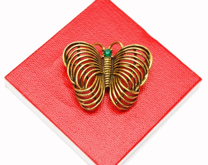 Gold Butterfly Brooch _ Signed Jeanne - Goldtone with green rhinestone - Designer signed - 1960s