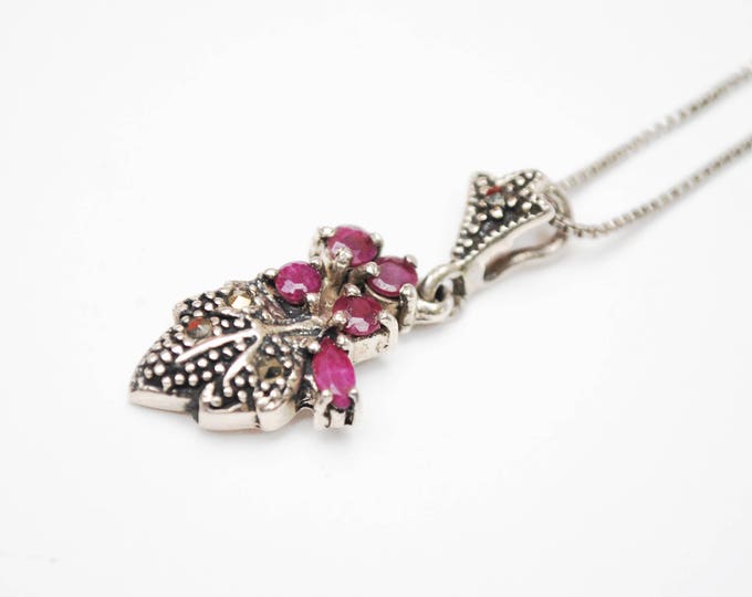 Sterling Ruby Marcasite leaf necklace - sterling silver italy Box chain