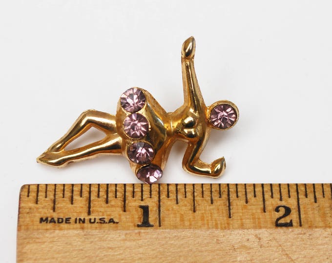 Ballerina Brooch Pink rhinestone - gold figurine Dancer pin