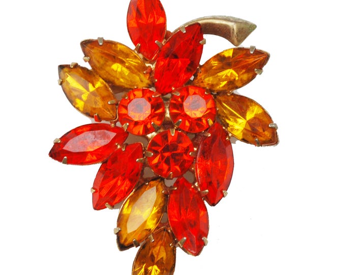 Rhinestone brooch -Ornage and Yellow Crystal - Gold metal, - mid century floral pin