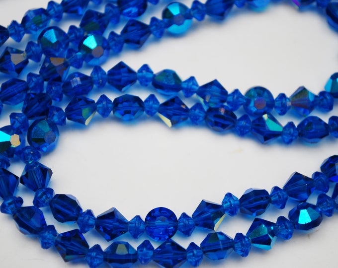 Blue Crystal bead Necklace - double strand - cut crystal glass beads - Cluster bead clasp - 23 inches long