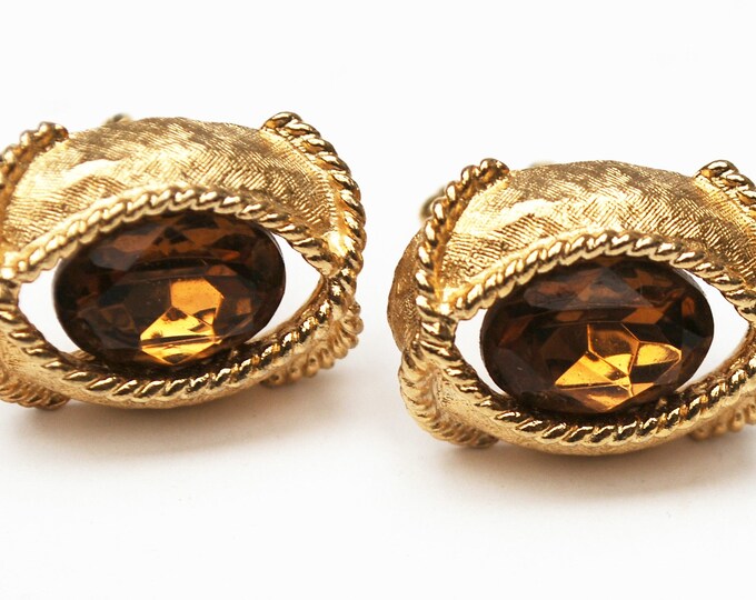 Topaz Glass Gold Cuff links - Facet cut crystal - Amber brown - Cufflinks