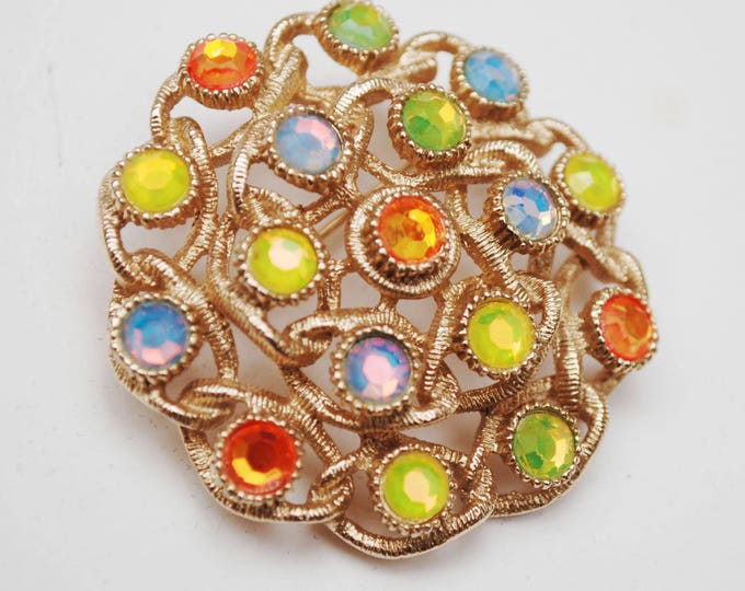 Sarah Cov Rhinestone brooch - moon Lite - orange yellow green crystal - gold - Floral pin -