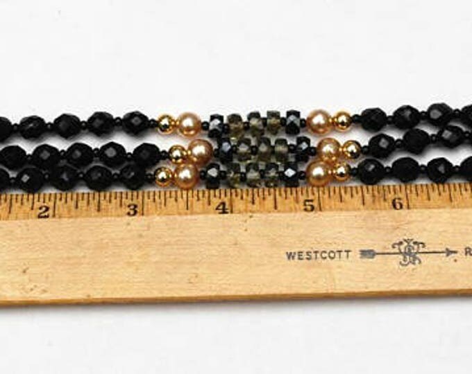 Rhinestone Bead Bracelet - Triple strand - Black Glass -Rhinestone Clasp - Glass bead - pearl gold