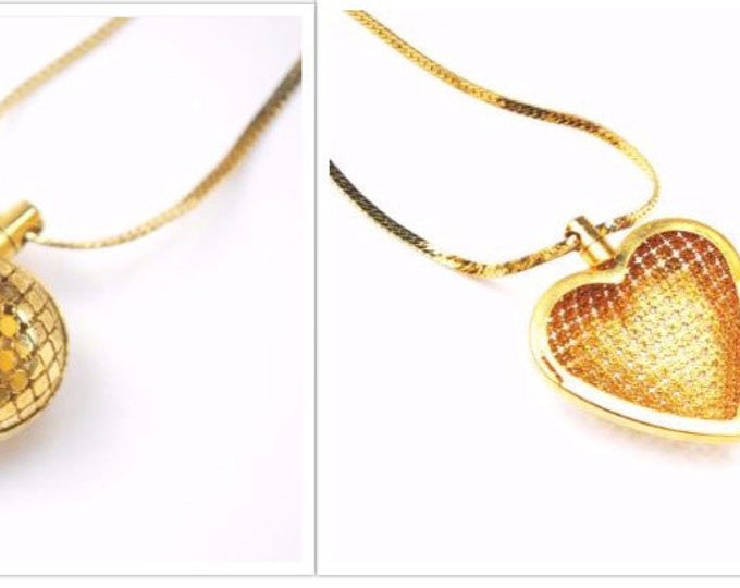 Gold Mesh Heart Locket necklace - Puffy Heart Pendant - 30 inch Gold flat chain -