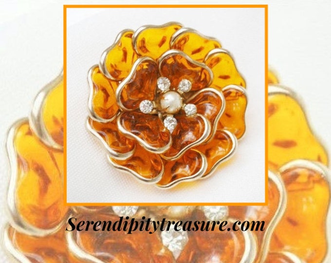 Flower Brooch - Amber Orange Lucite - Rhinestone - Pearl - Floral Pin - Mid Century