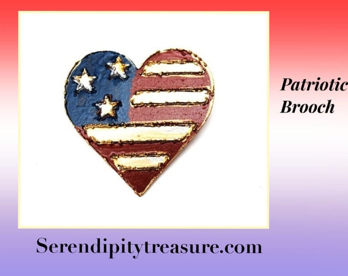 Flag Heart Brooch - Red white Blue - American flag painted on copper metal heart pin