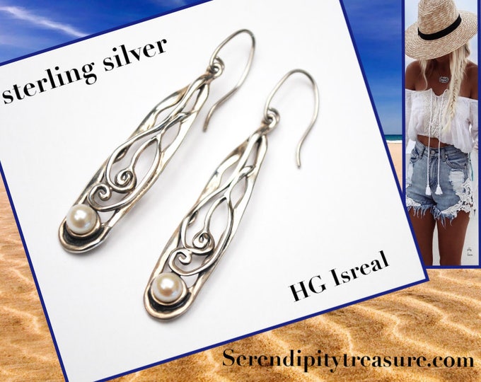 Sterling dangle Earrings - Signed HG Israel - Hagit Gorali - White genuine pearl - Silver filigree - Pierced drop Earrings