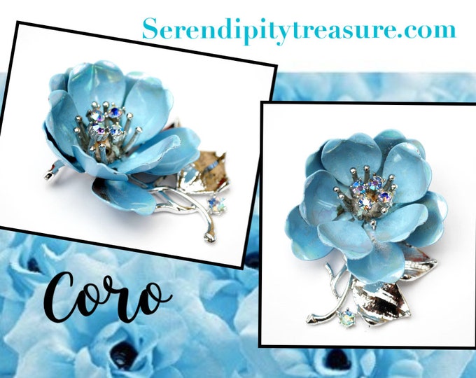 Coro Blue Flower Brooch - AB Rhinestone - light Powder blue - enamel on metal floral pin