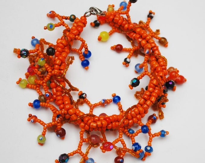 Orange Bead cha cha bracelet - Blue yellow green glass beads - Boho dangle bangle