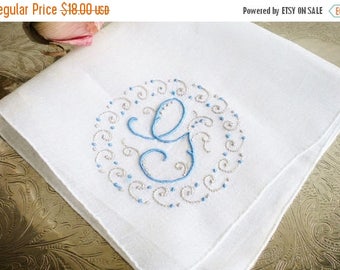 Sale Vintage Monogram Letter G Hankie, Something Blue/Embroidered Bridal Hankie/Mother of The Bride/Tea Party/Home Decor