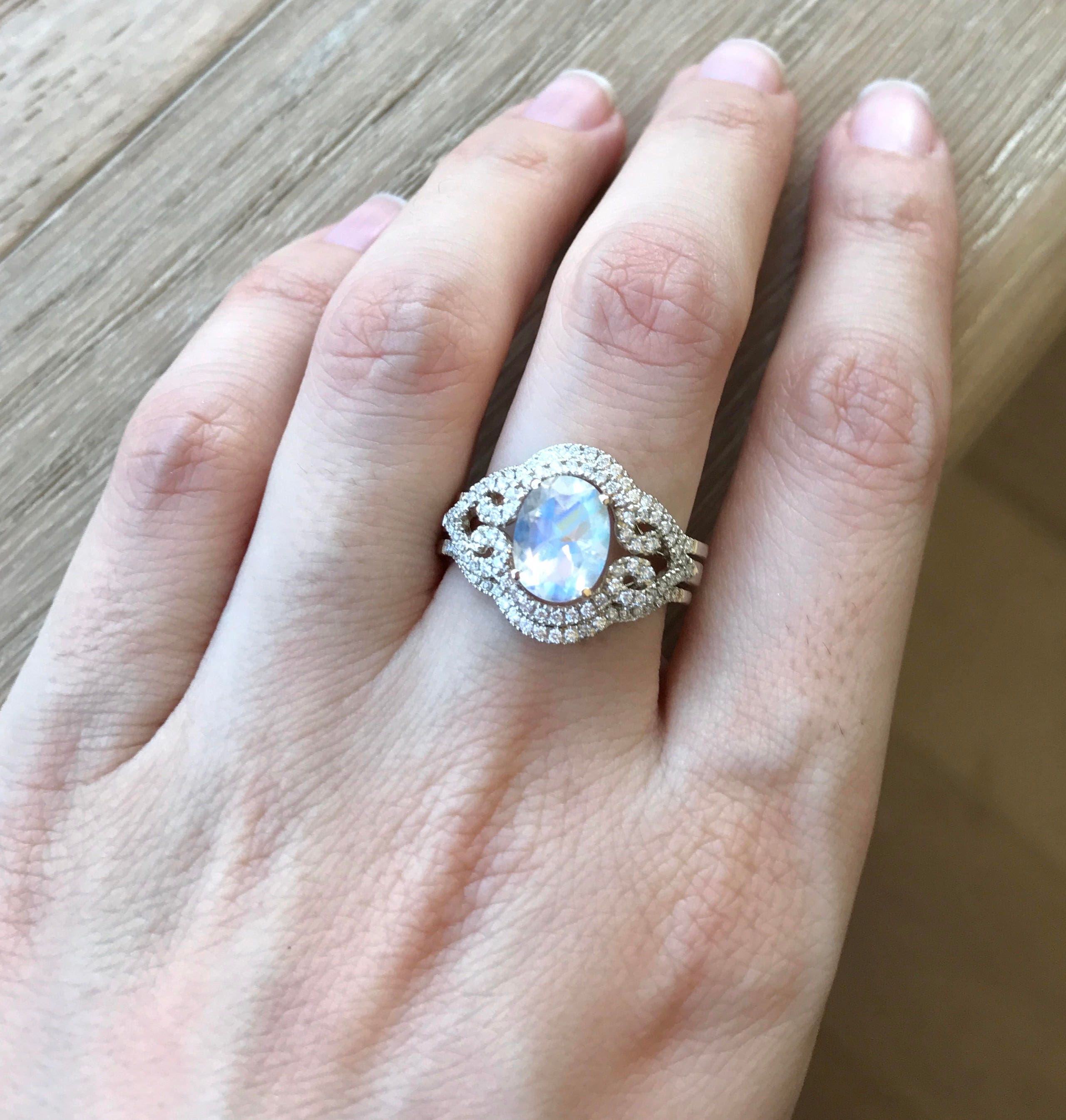 Oval Moonstone Bridal Set Ring Rainbow Moonstone Engagement