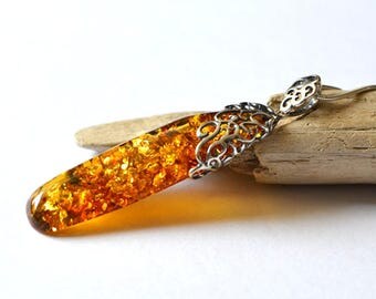 Unique Baltic Amber Pendant with Sterling Silver, Amber Pendant, Amber Necklace, cognac Amber Jewelry, Natural Amber