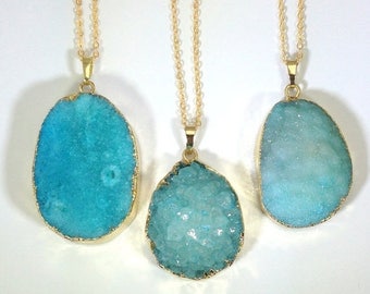 10% off CIJ SALE Druzy Necklace Blue Druzy Pendant Druzy Gold Dipped Blue Druzy Geode Necklace Teardrop Druzy Jewelry Mineral Necklace Gold